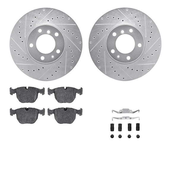 Dynamic Friction Company Front Brake Rotors-Drilled and Slotted-Silver with 5000 Euro Ceramic Brake Pads includes Hardware 7612-31029