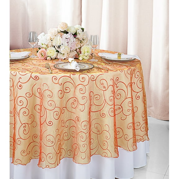 Wedding Linens Inc. 108" Round Seamless Embroidered Organza Table Overlay Tablecloth - Orange