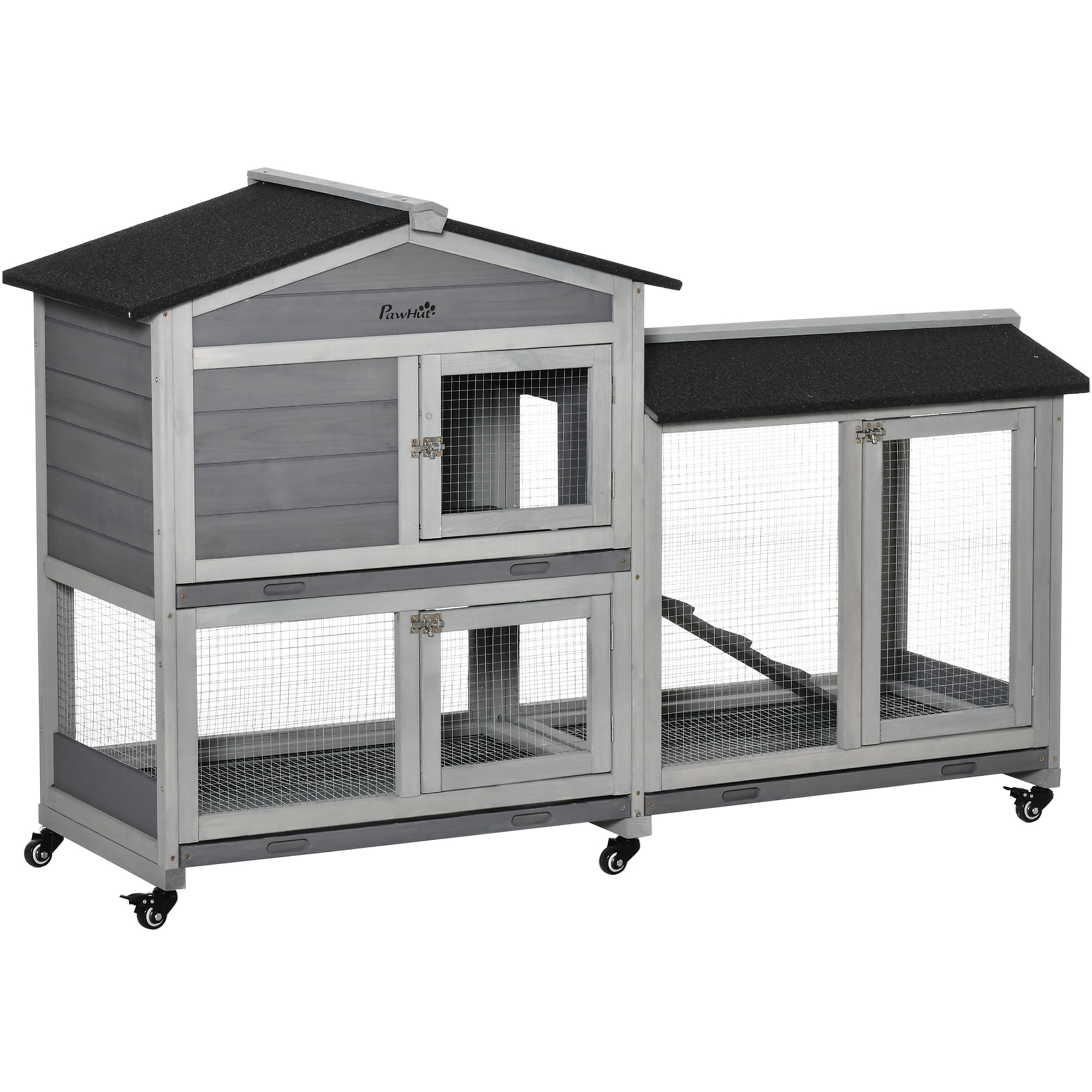 JERFIT 62 Inch Large Rabbit Hutch with Wheels, Outdoor Bunny Cage with Leak-Proof Tray, Wooden Guinea Pig House with Ramp, Playpen for Small Animals, Gray