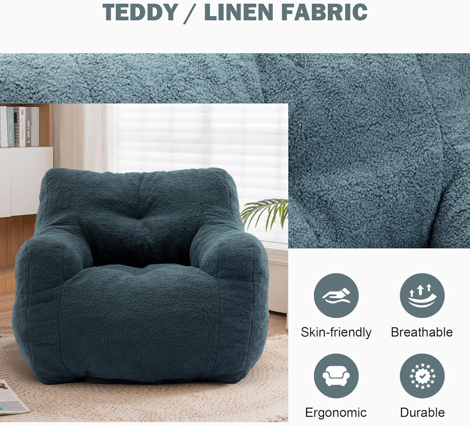 3FT Bean Bag Chair for Adult and Kids (with Filler) Furniture Giant Soft Teddy Fabric Lazy Sofa Chair Bean Bag Lounger Accent Chair for Living Room Bedroom Dorm Apartment (Green)