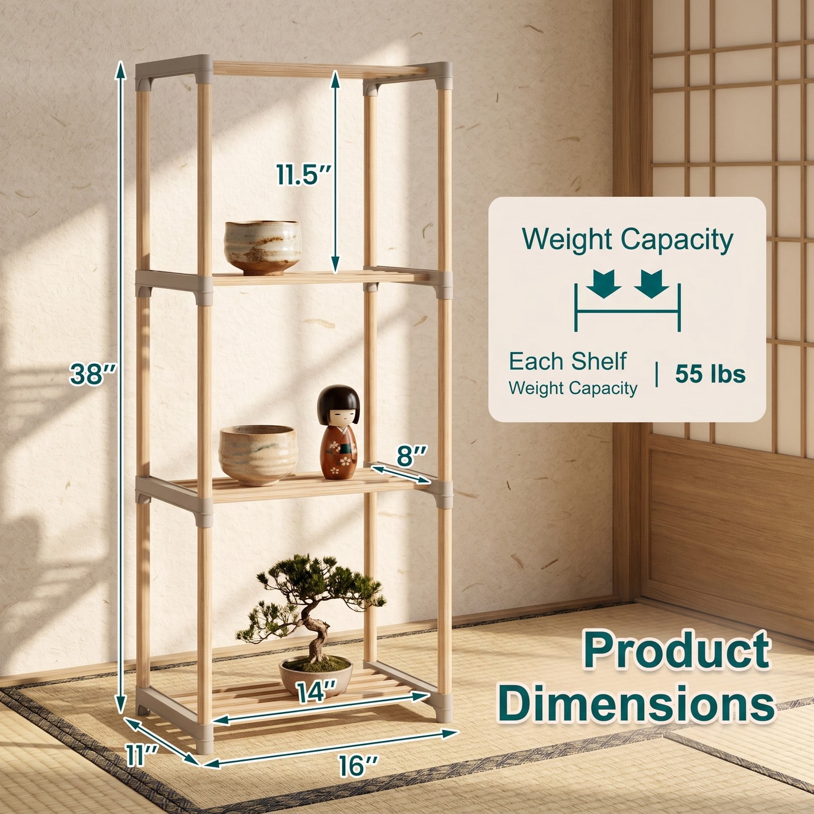 Furnibear 4-Tier Bookshelf Open Wood Bookcase Storage Shelf Organizer for Home Office Living Room Bathroom, Natural and Gray