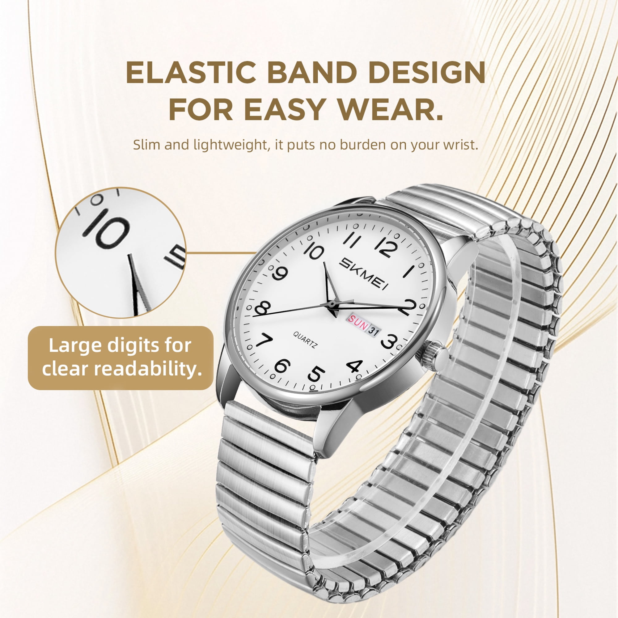 SKMEI Watches for Men Easy Reader Analog Mens Quartz Watch with Stainless Steel Expansion Band Luminous waterproof watch