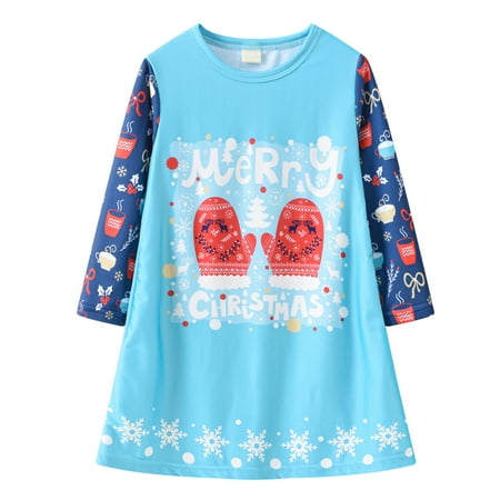 

nsendm Holiday Party Baby Girls Christmas Character Lonng Sleeve Princess Dress Christmas Dress Girls Size 10-12 Light Blue 4-5 Years