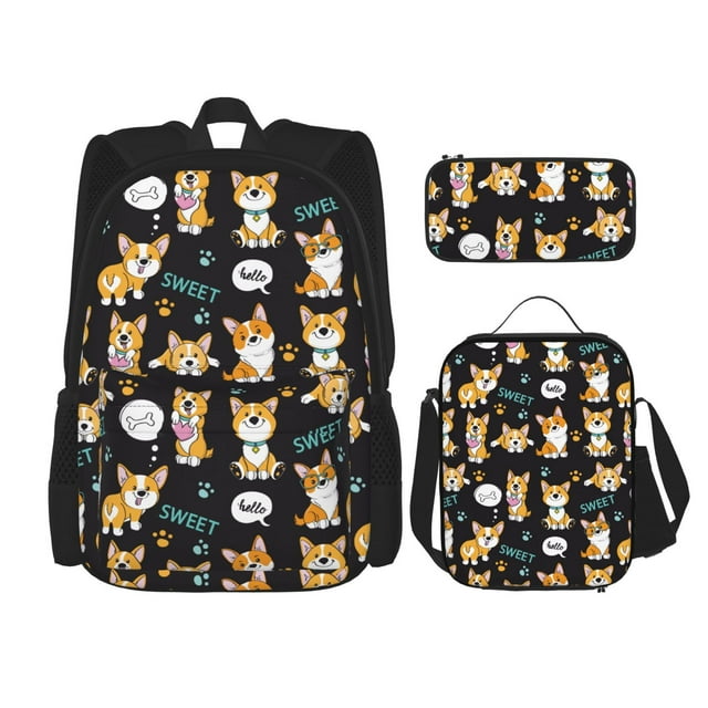 Balery Cute Dogs Corgi Mochila Escolar 3 en 1 para Niños - Mochila Resistente con Lonchera Térmica y Estuche - Mochila Escolar para Niños y Niñas