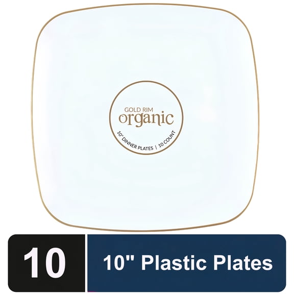 Impresserve Organic Collection Square Disposable Plastic Plates, 10", White & Gold Rim, 10 Count