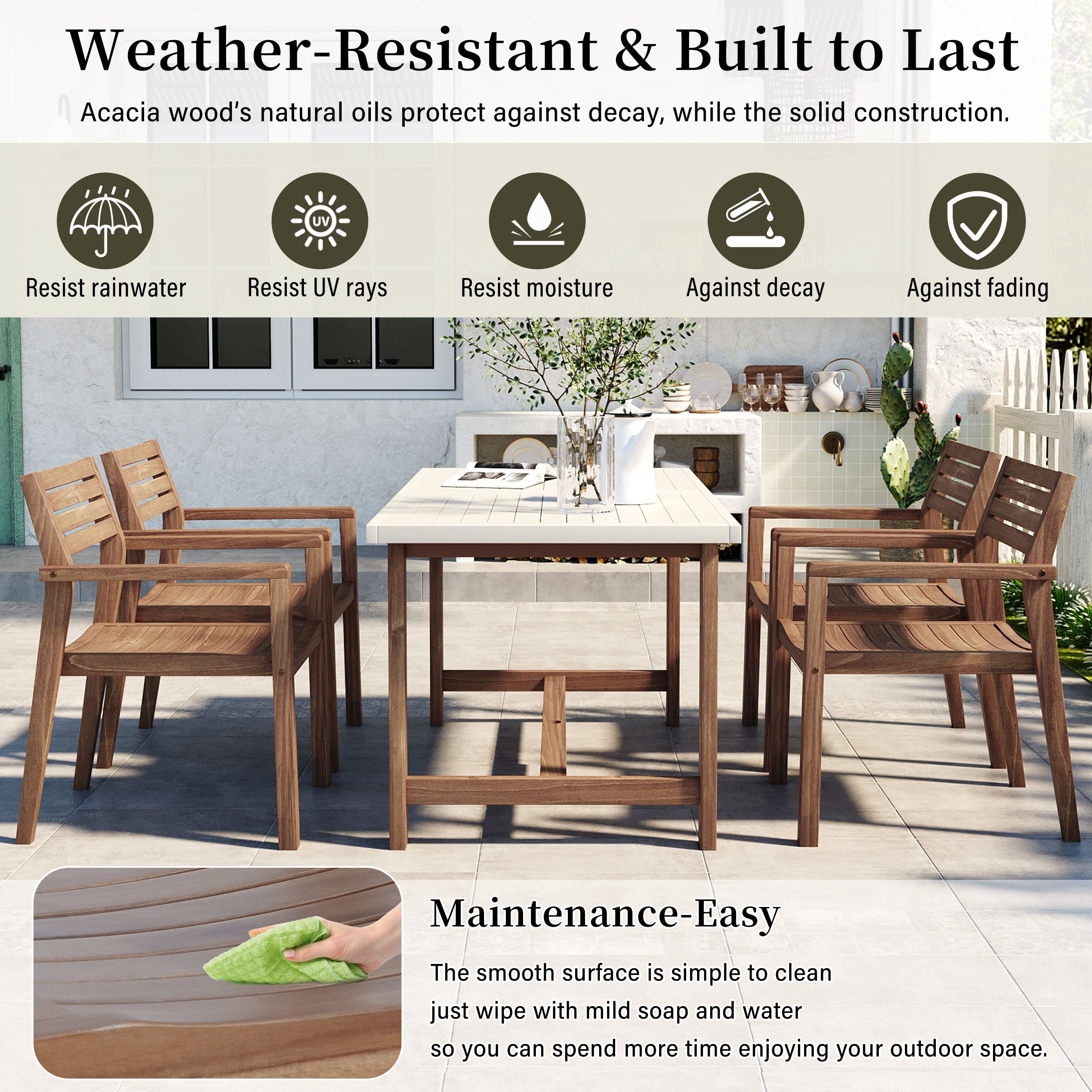 Mintazer 59" 5-Piece Outdoor Dining Set with Chairs & Umbrella Hole, Patio Furniture Set for Garden Backyard Poolside, Brown & Beige