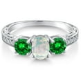 thumbnail image 3 of Gem Stone King 2.43 Cttw Oval Cabochon White Simulated Opal and Green Simulated Emerald 3-Stone Engagement Ring for Women | 925 Sterling Silver | Wedding Engagement Anniversary Ring  | Size 6, 3 of 6