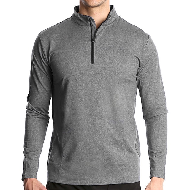 Camisas deportivas activas de secado rápido para hombre, sudadera para correr de manga larga con cremallera de un cuarto, sudadera para exteriores (gris claro)