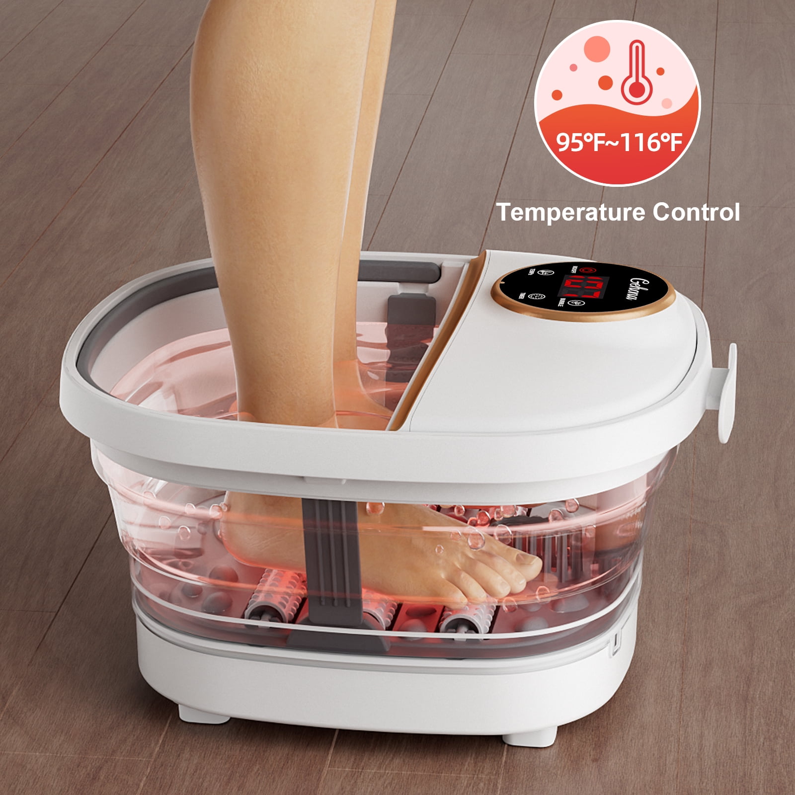 Gehona Black Foldable Heated Foot Spa, Foot Massager with Temperature Control, Bubble Function, Red Light, and Timer.