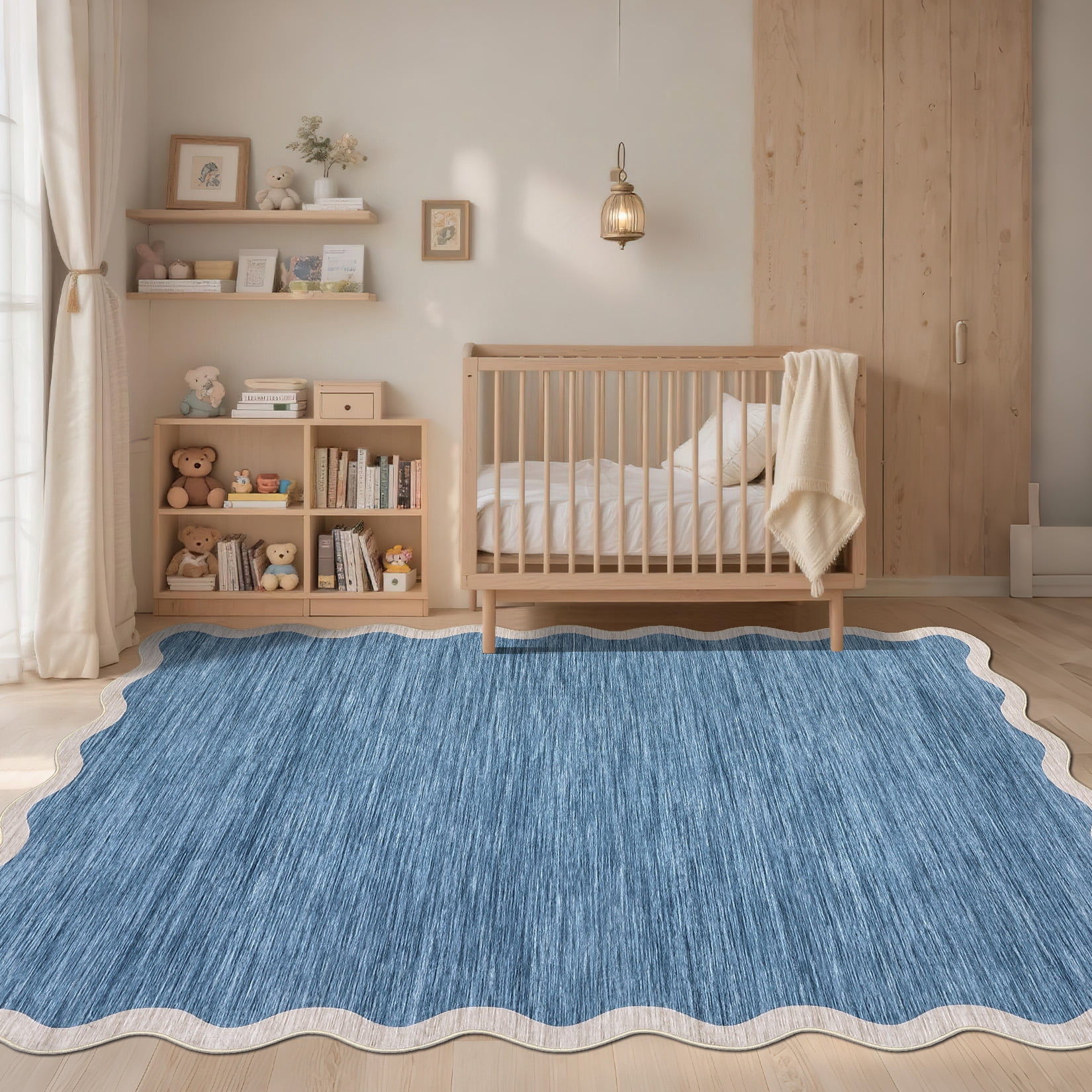 Garvee 10'x13' Modern Scalloped Rug Washable Rug with Non Slip Backing, Neutral Farmhouse Soft Low Pile Carpet for Living Room Bedroom Home Office, Blue