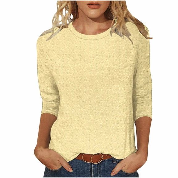 HAiming 3/4 Sleeve Eyelet Tops for Women Crew Neck Basic Tee Solid Color Stretch Casual Pullover Trendy Clothes