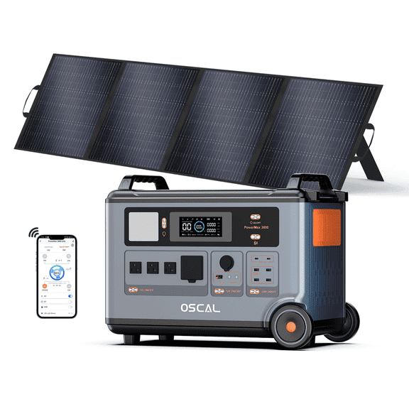 OSCAL 3600Wh/3000W LiFePO4 Solar Generator with 200W Solar Panel - 1.2H Fast Charge, EPS, 30A RV Outlet - Home Backup & Outdoor Power Station