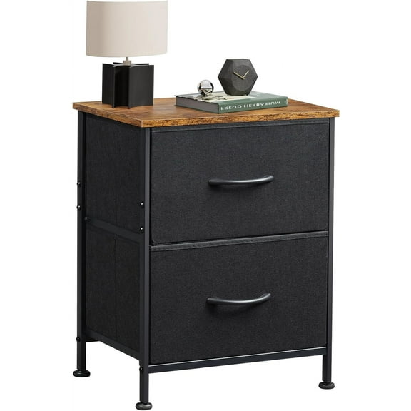 Night Stand, Small 2 Drawer Dresser, Nightstand with Fabric Bins for Bedroom, Closet, Dorm, Rustic Brown Wood Grain Print, 11.8" D x 15.7" W x 20.9" H