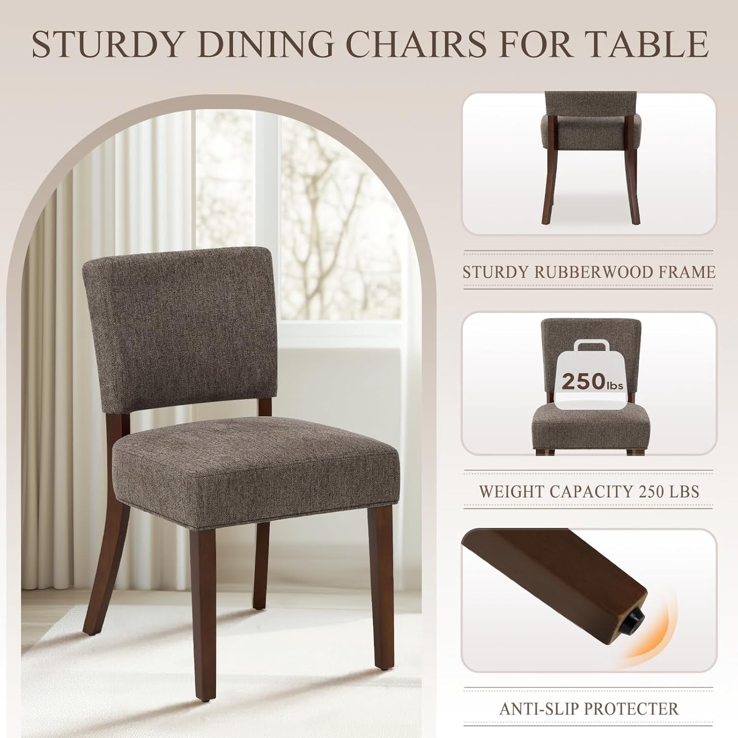 Mid Century Modern Dining Chairs Set of 2, Upholstered Kitchen Chairs with Back, Farmhouse Fabric Side Dining Room Chairs with Wood Legs for Dining Room Kitchen Restaurant, Brown