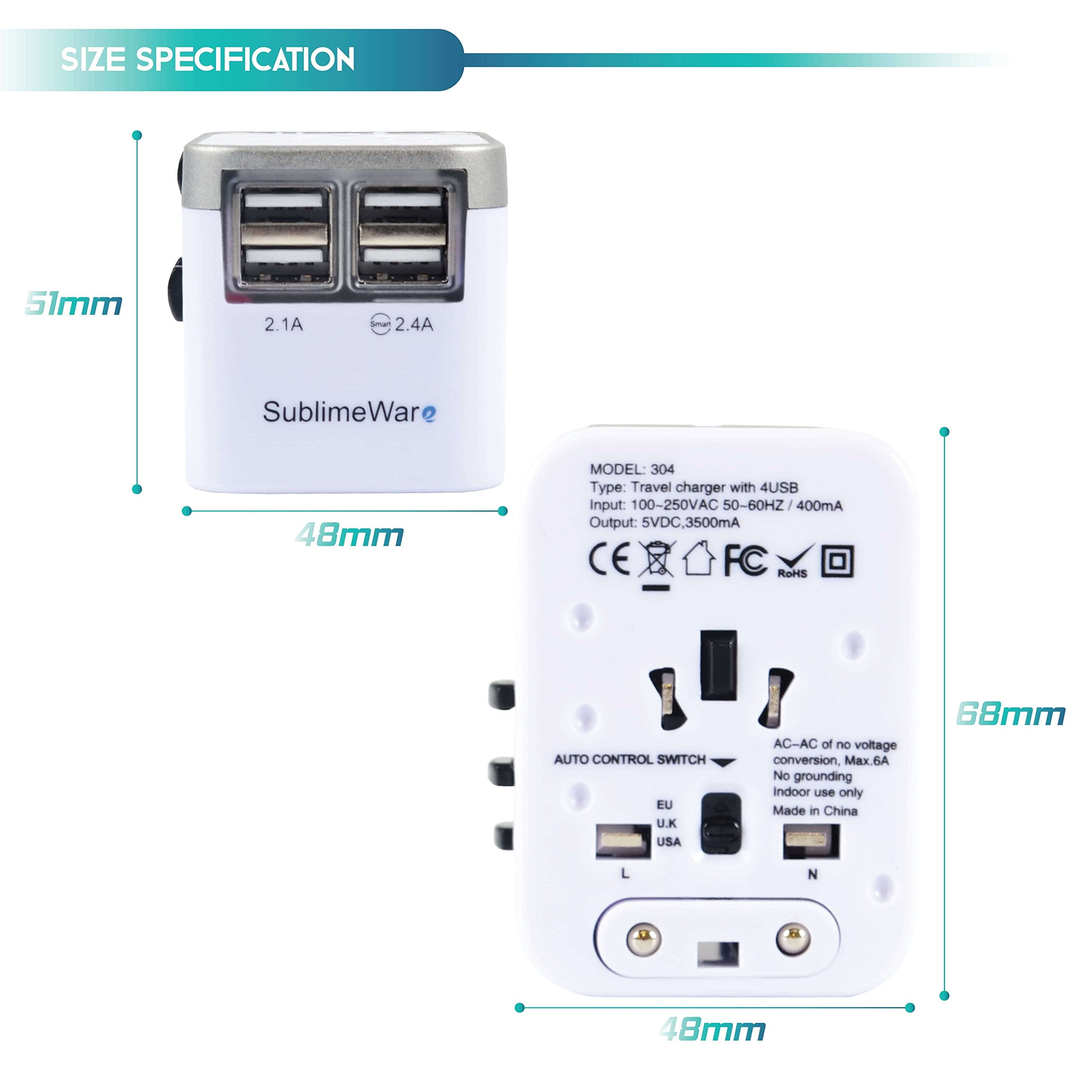 220 Volt Adapter International Travel Power Plug Adapter Travel Adapter Type C Type A Type G Type I f for UK Japan China EU Europe European By SublimeWare w/4 USB Ports Work for 150+ Countries