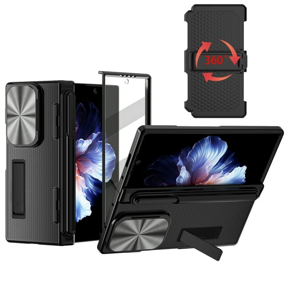 Dteck for Samsung Galaxy Z Fold 6 Case with S Pen Slot & Hinge Protection Tempered Glass Screen Protector Full-Body Military Drop Phone Case for Z Fold 6 Case with Kickstand & Belt Clip,Black