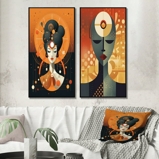 Designart "Urban Woman Contemporary Portrait III" Abstract Portraits Framed Wall Art Set Of 2 - Transitional Blue Framed Wall Art Set Of 2