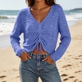 thumbnail image 2 of Ke1Clo Summer Tops for Women Boho Knitted Hollow Out V Neck Long Sleeve Tie Front Shirt Casual Loose Crop Beach Cover Up Blue Free Size, 2 of 7