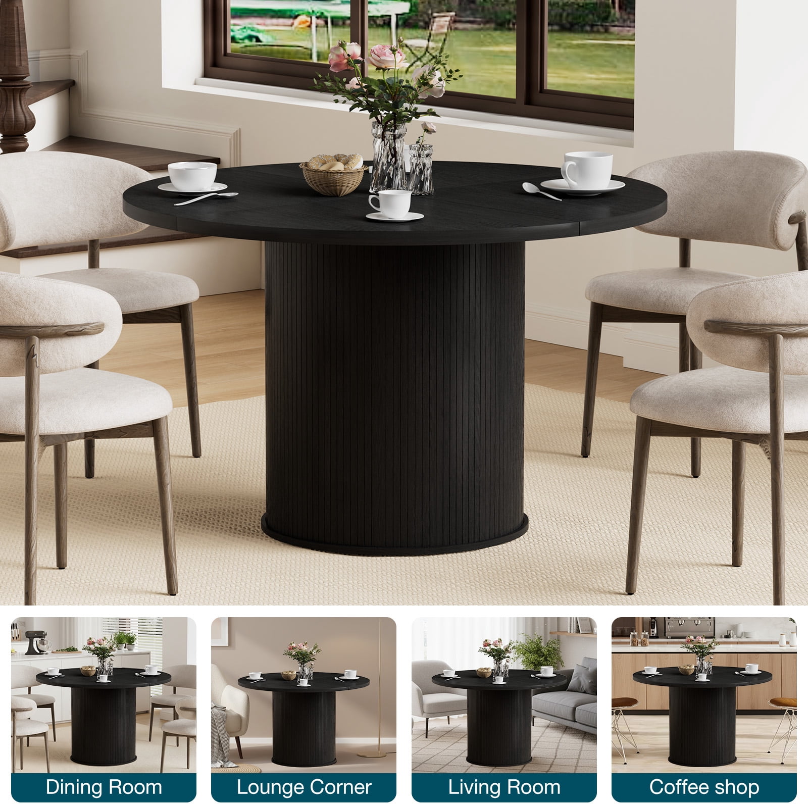 Hommpa 48" Round Dining Table Morden Kitchen Table Wood for 4 with Wood Slide Door for Kitchen Living Room,Heavy Duty Pedestal Base,Black