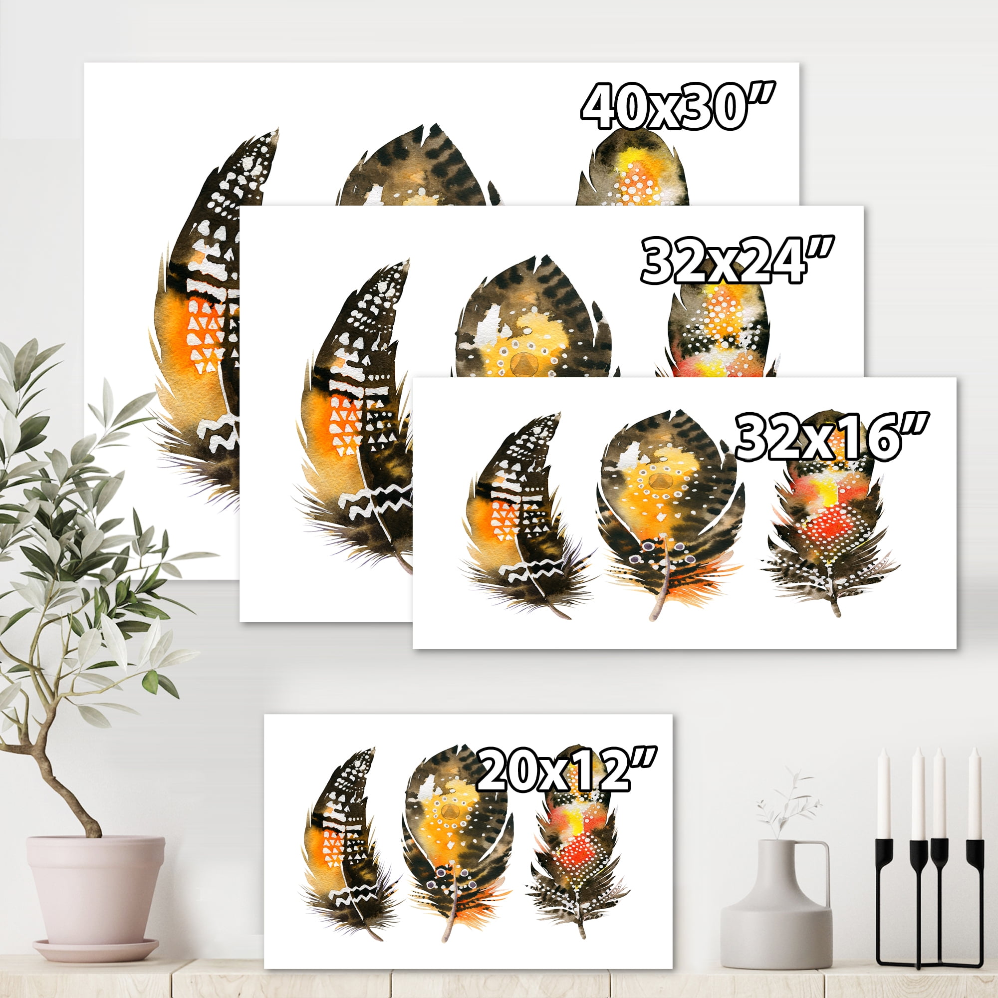 Designart ' Ethnic Boho Art Orange Feathers ' Bohemian & Eclectic Canvas Wall Art Print