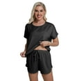 thumbnail image 2 of DAKIMOE Womens Silk Stain Pajamas Set Short Sleeve Soft Sleepwear Top With Shorts Set PJ Loungewear, Black, XL, 2 of 8