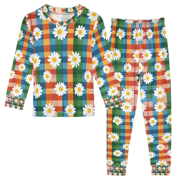 FORMRS Long Sleeve Top and Pants Pajama Set for Niños 2-Piece Sleepwear, Sizes 18M-8Y, Green Checkered Daisy