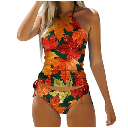 QYZEU Women Swimsuits Two Piece Womens Swim Bra Women s Fashion Maple Leaf Print Lace Up Two Piece Swimsuit Bikini Hanging Neck Comfy Tops with Shorts Amy Green S