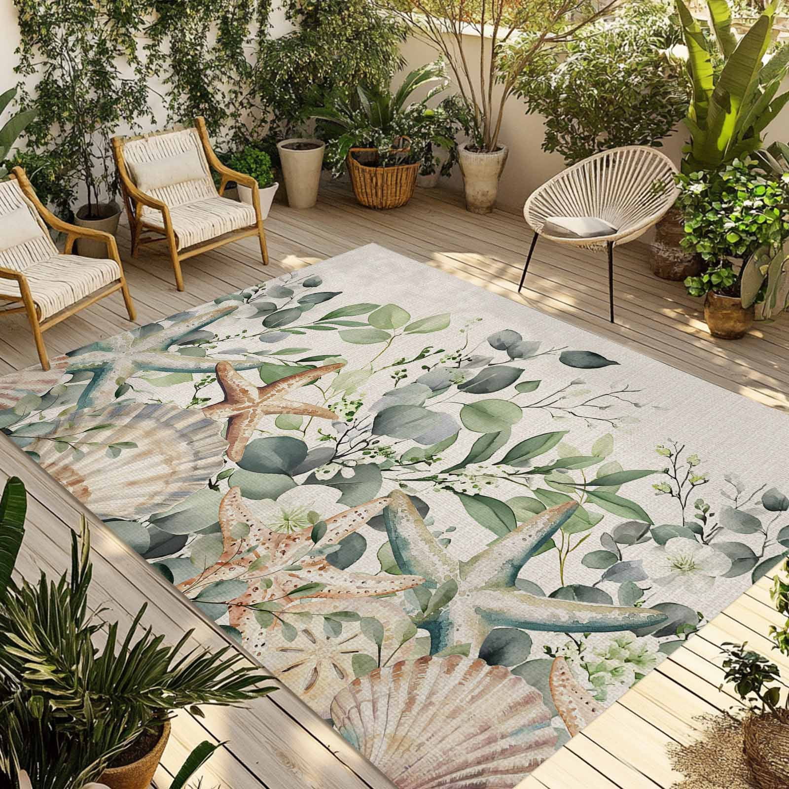 Outdoor Rug 5x8ft Sage Green Eucalyptus Leaves Large Area Rug Starfish Retro Indoor Outdoor Carpet Outdoor Rugs Mats for Patio Camping,RV,Front Door, Outside Decor