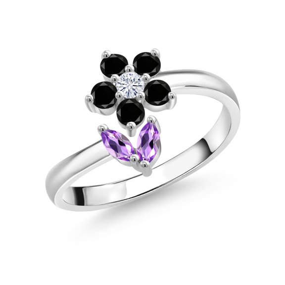 Gem Stone King 925 Sterling Silver Purple Amethyst Black Diamond and White Moissanite Flower Open Ring for Women (0.55 Cttw, Gemstone February Birthstone, Size 9)