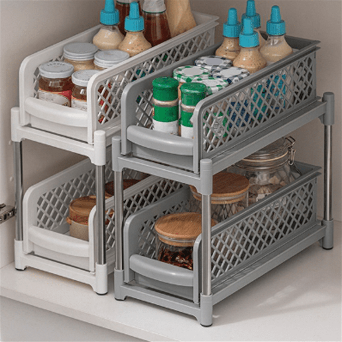 Space-Saving Design 2-Layer Organizer with Pull-Out Drawers, Sliding Bathroom and Kitchen Cabinet Storage Gray