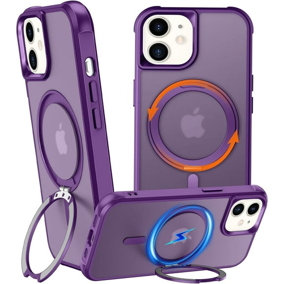 360° Rotatable Stand for iPhone 11 Case with Magnetic [ Grade Drop Tested][Adjustable Kickstand] Ring Translucent Slim Hard Back Soft Edge, Purple