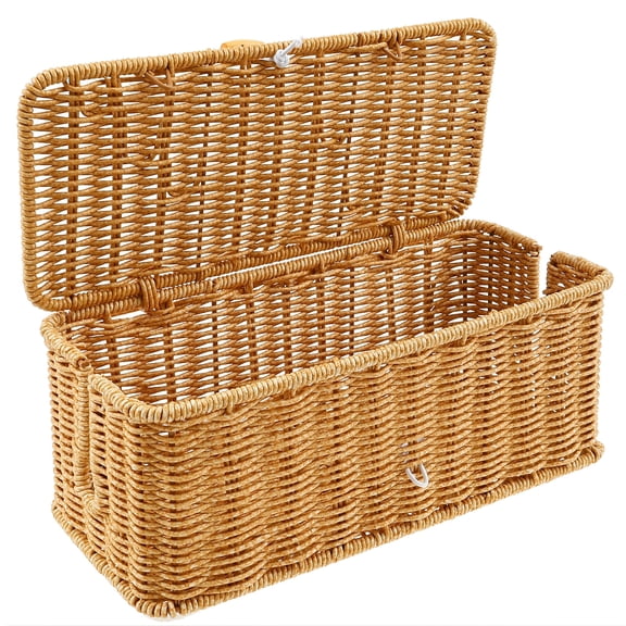 Ikoopy Cable Management Box with Lid Handwoven Imitation Rattan Power Strip Hider Organizer Desktop Cord Organizer Box for Home Office