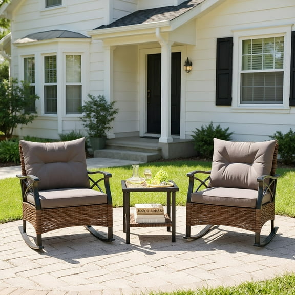 GVN Backyard Furniture Sets,Outdoor Furniture Sets,3 Pieces Outdoor Rattan Rocking Chairs Set with 2-Tier Side Table for Garden Backyard-Brown