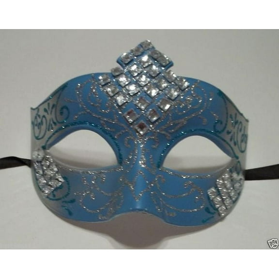 Light Blue Silver Diamond Scroll Venetian Masquerade Mask