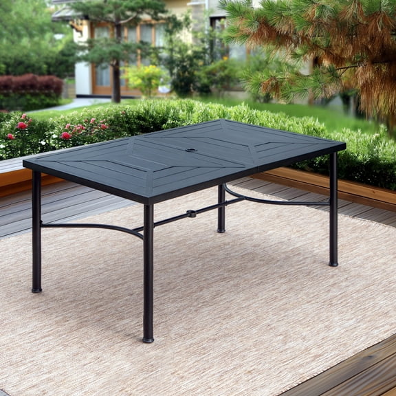MF Studio 64" x 39" Rectangular Steel Outdoor Patio Dining Table with Umbrella Hole for 6 person, Black