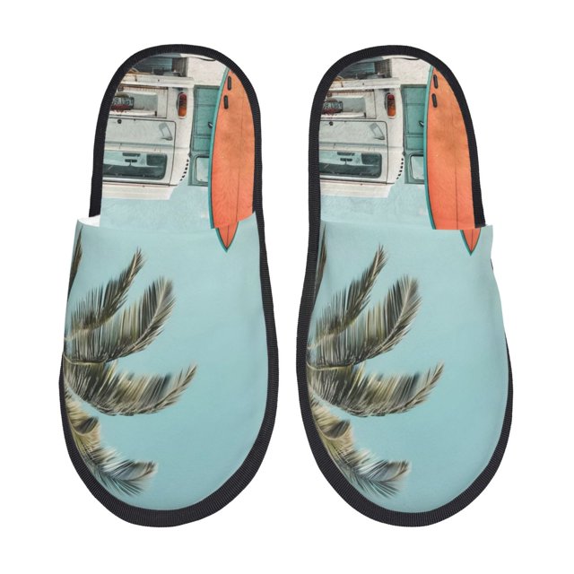 Fotbe Vintage Surf Van Beach Pantuflas Peludas para Mujer con Estampado, Zapatillas de Peluche, Zapatos de Invierno para Casa, Uso Interior y Exterior-Medium