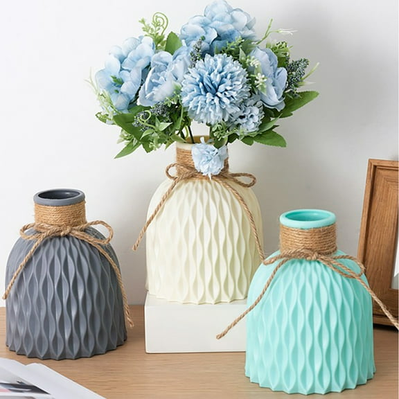Walbest Nordic Style Simple Striped Plastic Vase, Imitation Ceramics Vase Desktop Decor Dry and Wet Flower Container Floral Flower Decoration Vase for Home (4.72 inx4.72inx5.91in)