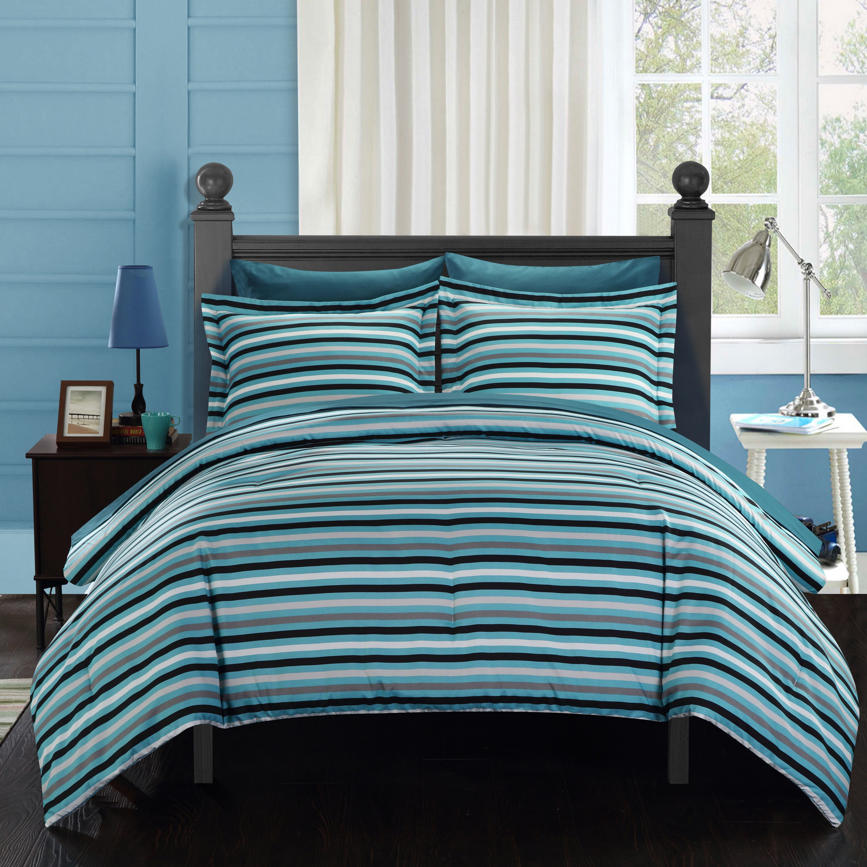 Chic Home Rianne 7Piece Reversible Striped Comforter Set, King, Blue