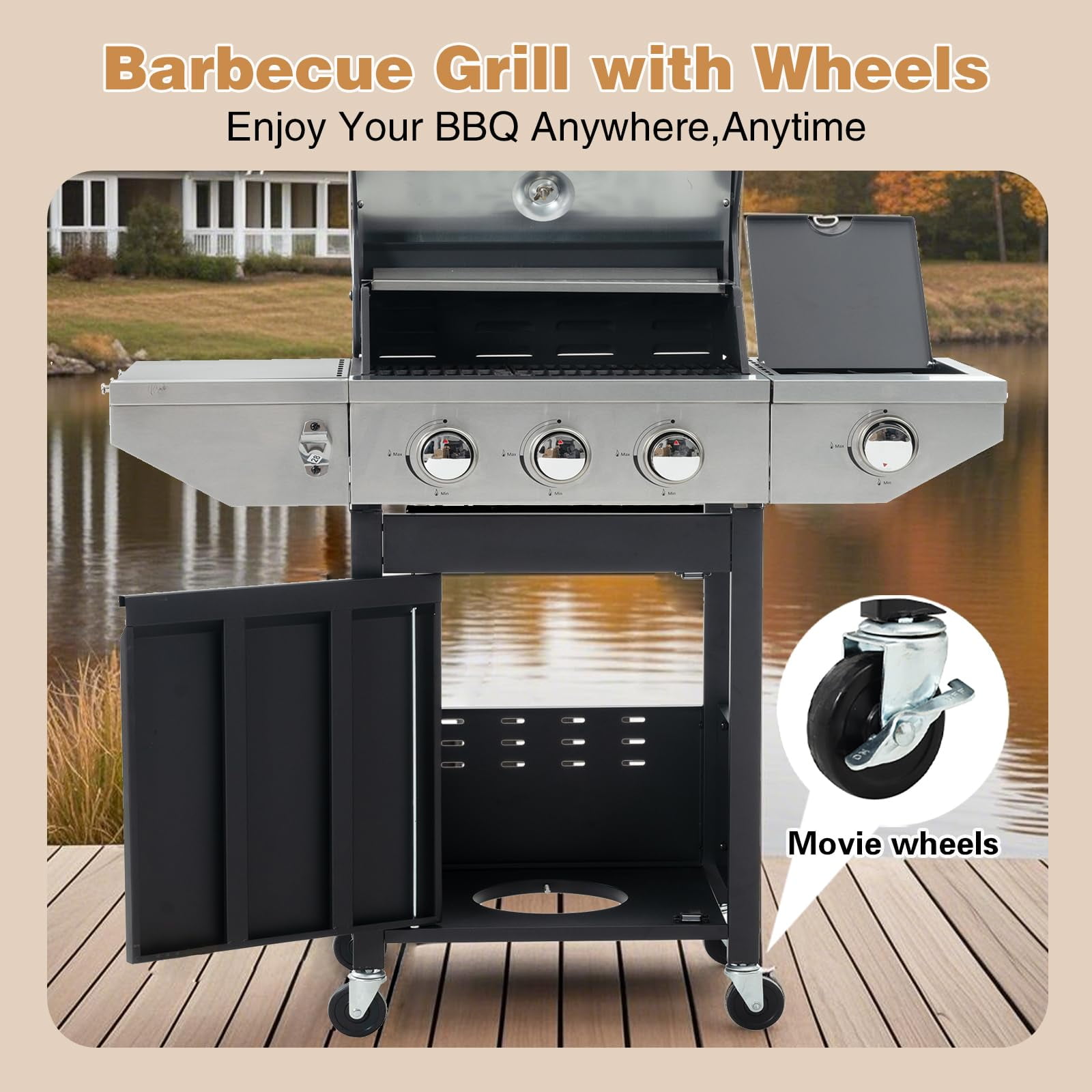 Highsound 3-Burner Propane Gas Grill with Side Burner, 37,000 BTU Outdoor BBQ Grill, Portable Stainless Steel Grill on Wheels for Patio, Garden, Black