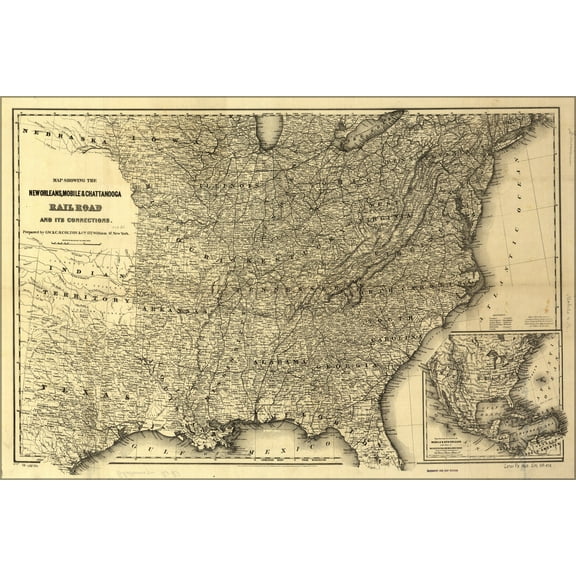 24"x36" Gallery Poster, Map New Orleans Mobile Chattanooga Railroad 1865