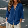thumbnail image 6 of Women's Casual V Neck Button 3/4 Sleeve Linen Blouse Loose Fit Solid Color Tops for Summer, 6 of 6