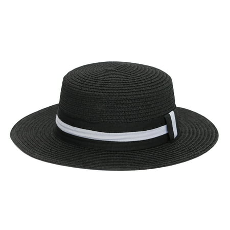 WITHMOONS Boater Skimmer Sailor Straw Amish Hat Banded 1920s QZW0058 (Black)