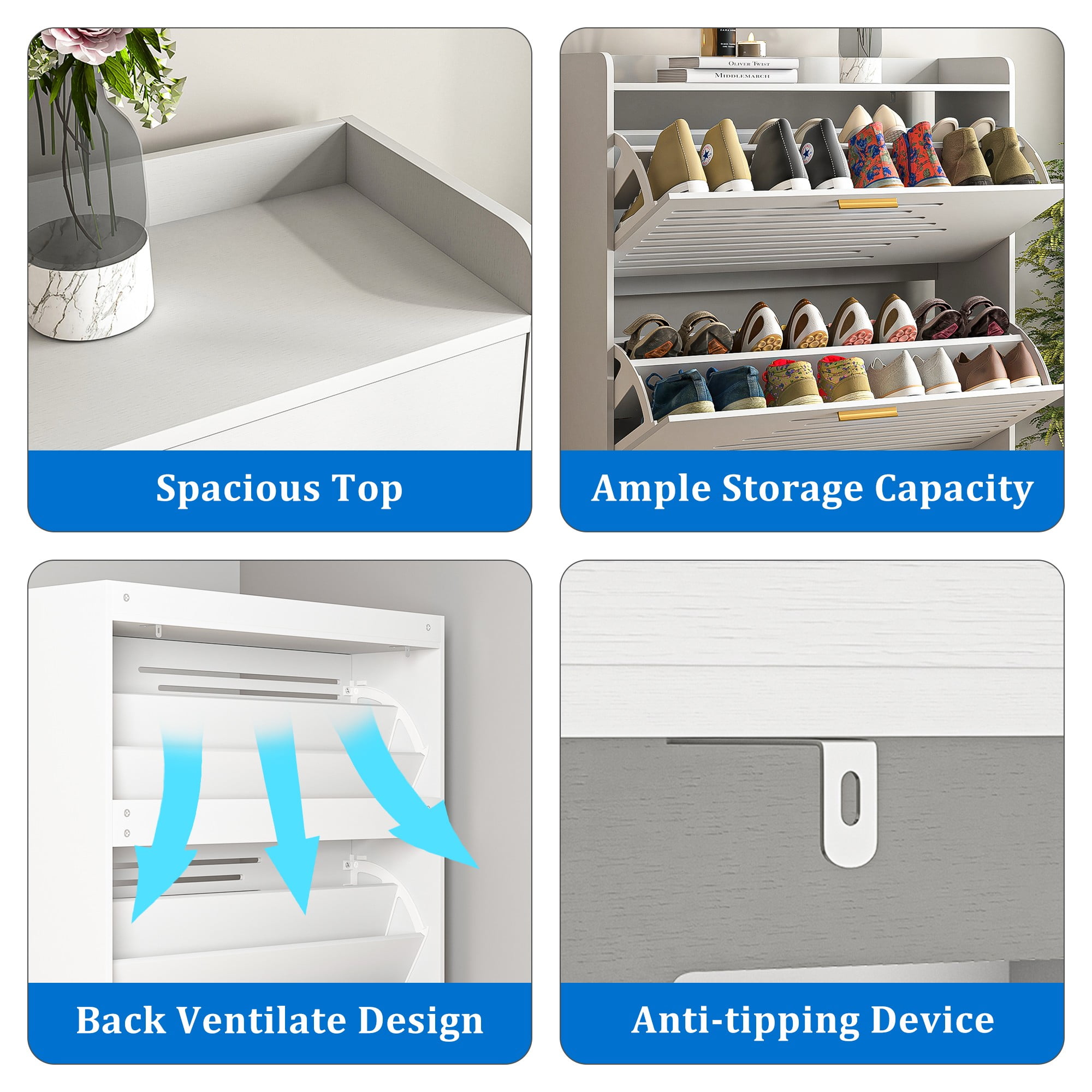 Finihen Shoe Cabinet, 2-Tier Shoe Storage Cabinet with Flip Doors, Vintage Entryway Shoe Organizer Rack with Open Shelves for Narrow Closet, Living Room, White Finihen Shoe Cabinet, 2-Tier Shoe Storage Cabinet with Flip Doors, Vintage Entryway Shoe Organizer Rack with Open Shelves for Narrow Closet, Living Room, White