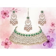 thumbnail image 3 of South Indian Bollywood Polki Kundan Guttapusalu Choker Necklace Set with White & Green Stones, Earrings & Maangtikka for Women, 3 of 9