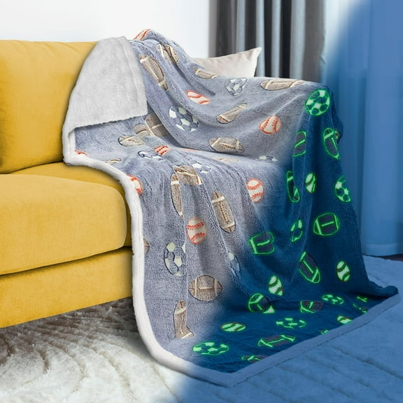 Glow in The Dark Blanket. Blue Thick, Cozy Soft Fluffy Flannel Fleece Nap Sleep Blanket for Kids, Toddlers. Two-Sided Soccer Kids Blanket. 50 x 60 Inches