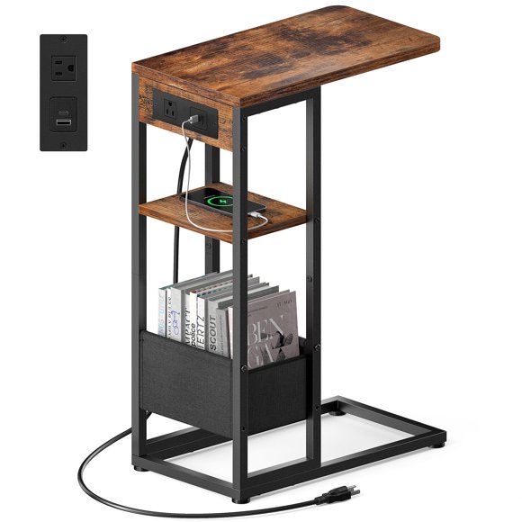 Yuede C Shaped End Table with Charging Station,3-