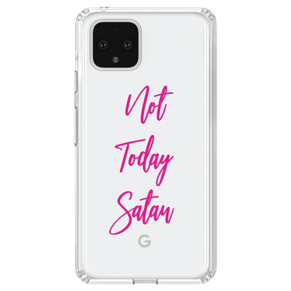 DistinctInk Clear Shockproof Hybrid Case for Google Pixel 4 (6.1" Screen) - TPU Bumper Acrylic Back Tempered Glass Screen Protector - Not Today Satan - Hot Pink