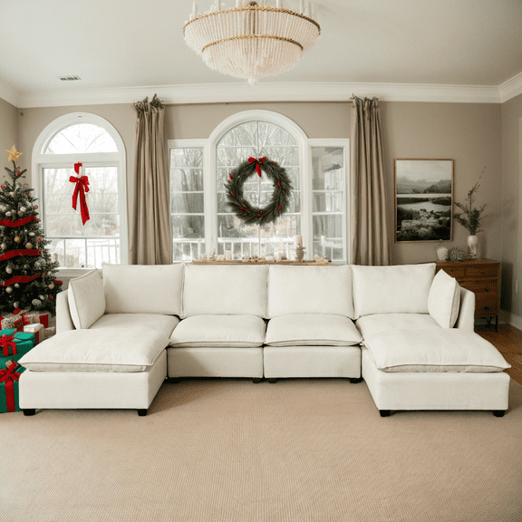 CKEASEAN U Shaped Modern Sofa Modular Sectional Cloud Couch, 130"W 6-Seat Chenille Deep Seat Sofa with Soft Pillow, Ottoman Included, Rack for Living Room