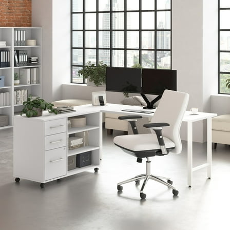 Bush Business Furniture Hustle 72W x 24D Computer Desk and Storage Cabinet with Drawers and Shelves in White
