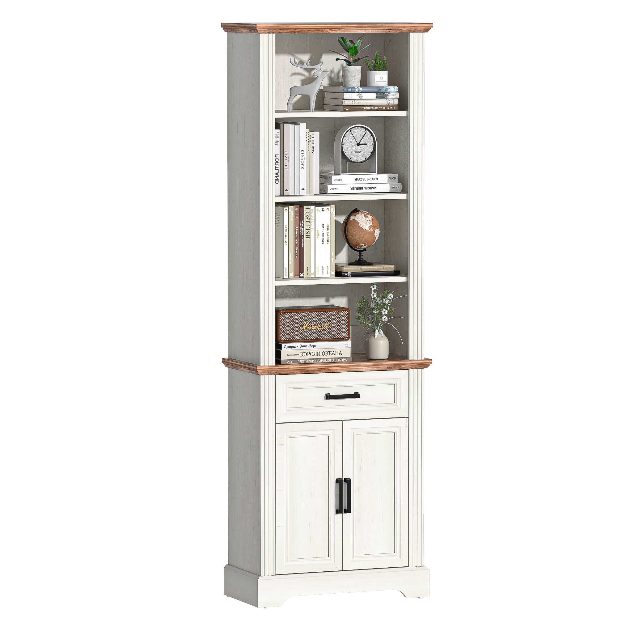 HARIPUL 72" Tall Bookcase Floor Standing with Drawer and Door, 6 Tier Wooden Storage Bookshelf for Living Room Home Office, Antique White